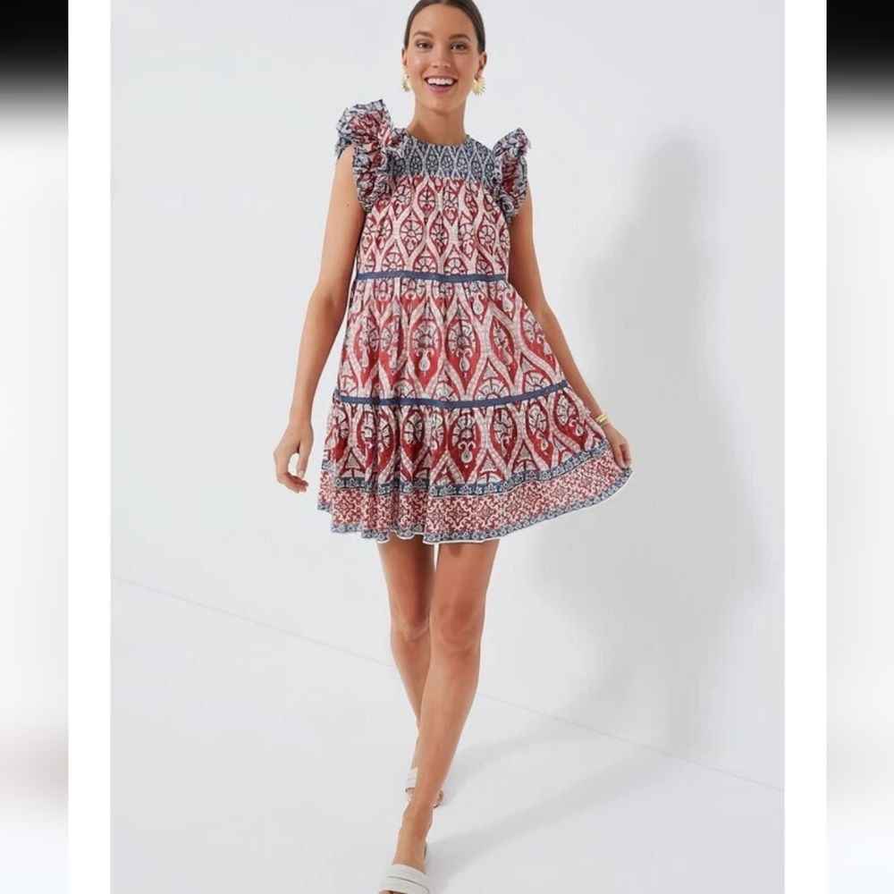 Ash & Eden Red Olga Mini Lace Dress Sz M Cotton Tiered Made in India